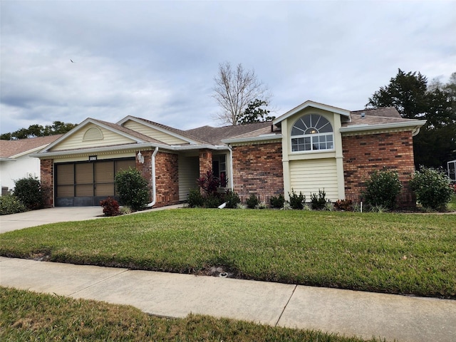 single story home with a front yard and a garage