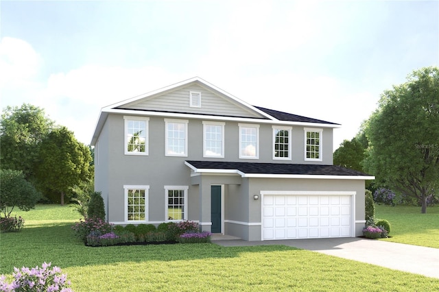 view of front facade featuring a front lawn and a garage