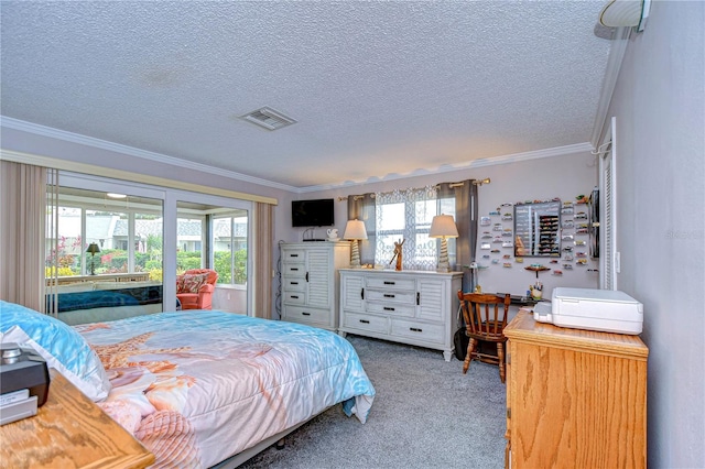 carpeted bedroom with a textured ceiling, multiple windows, and crown molding