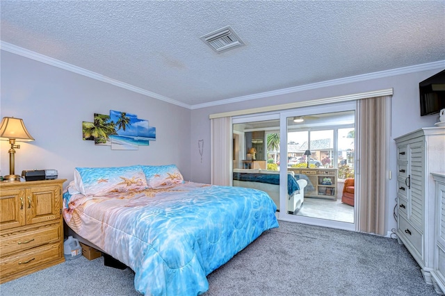 carpeted bedroom featuring a textured ceiling, access to outside, and crown molding