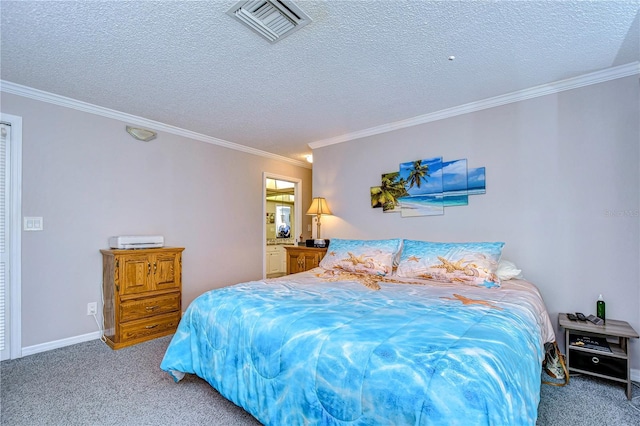 carpeted bedroom featuring a textured ceiling and crown molding