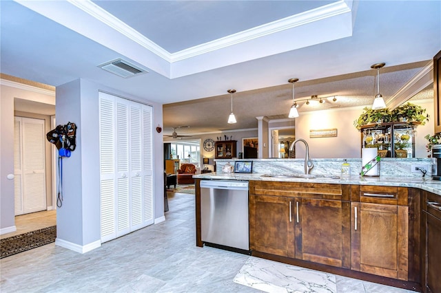 kitchen with light stone counters, dishwasher, pendant lighting, ornamental molding, and sink