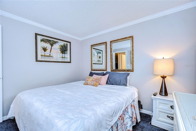 carpeted bedroom featuring a textured ceiling and ornamental molding