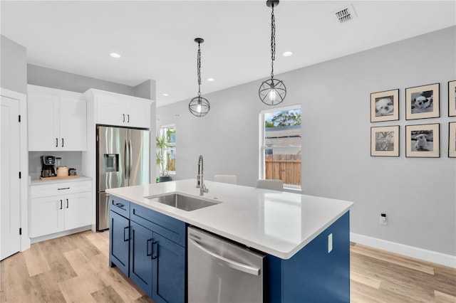 kitchen featuring a kitchen island with sink, appliances with stainless steel finishes, blue cabinetry, sink, and white cabinetry