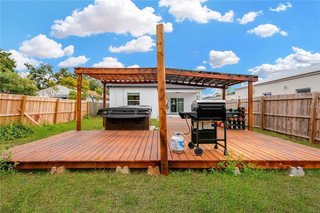 wooden terrace with area for grilling, a lawn, a hot tub, and a pergola