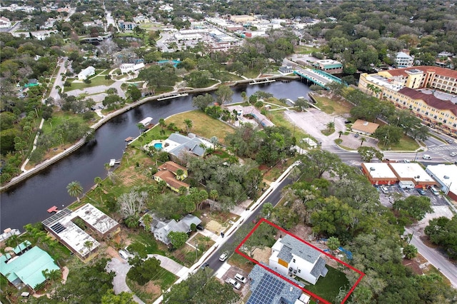 drone / aerial view featuring a water view