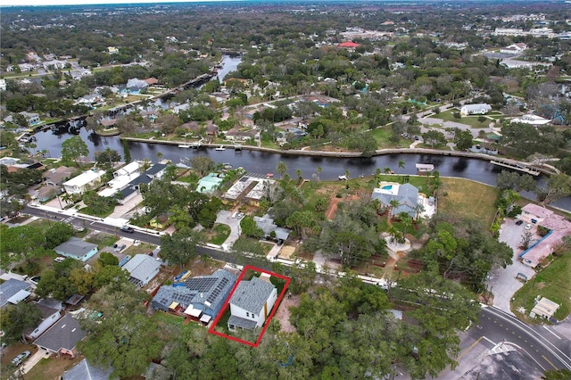 drone / aerial view featuring a water view