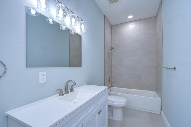 full bathroom with toilet, tiled shower / bath combo, tile patterned flooring, and vanity