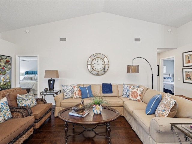 living room with dark wood-type flooring and lofted ceiling