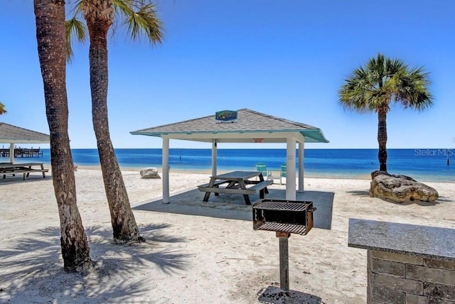 water view with a view of the beach and a gazebo