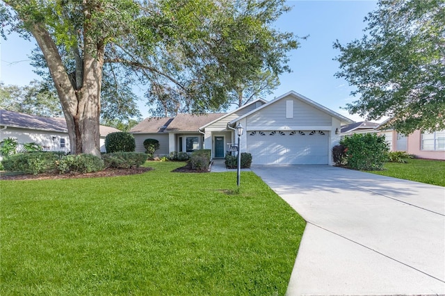 ranch-style house with a front yard and a garage