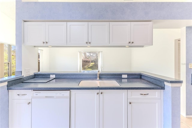 kitchen with sink, white cabinetry, dishwasher, and kitchen peninsula