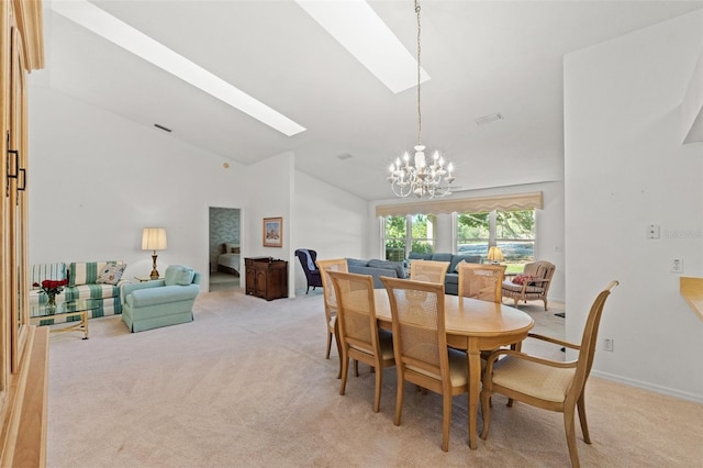 carpeted dining room with a skylight, high vaulted ceiling, and a notable chandelier