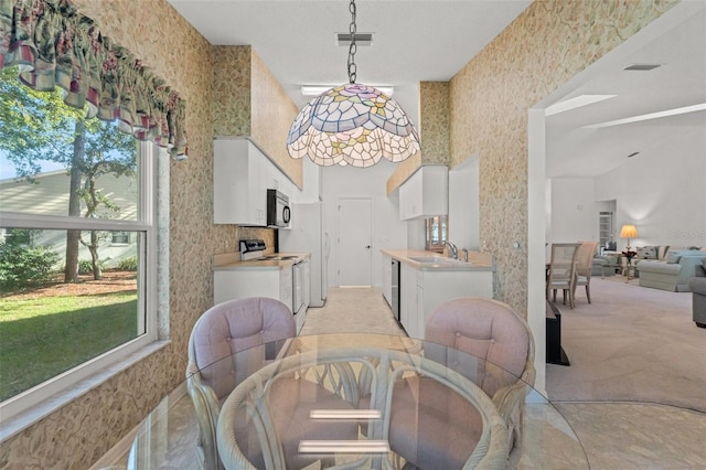 dining space with light colored carpet and sink