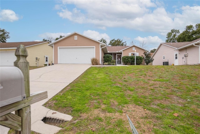 ranch-style house with a front yard and a garage