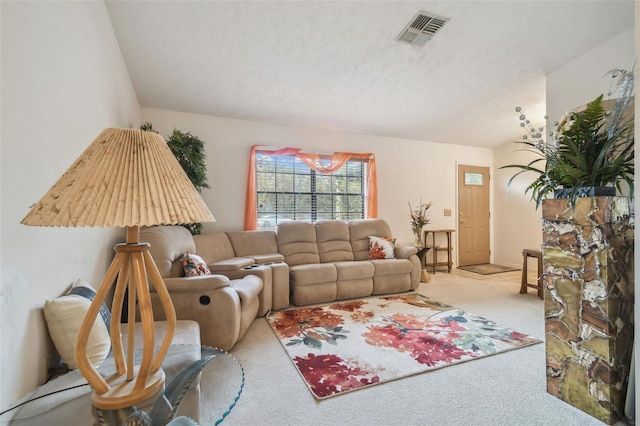 carpeted living room featuring a textured ceiling