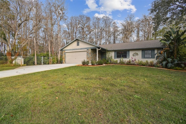 single story home with a garage and a front lawn