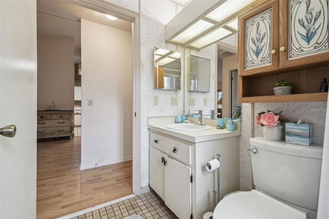 bathroom with vanity, hardwood / wood-style flooring, and toilet