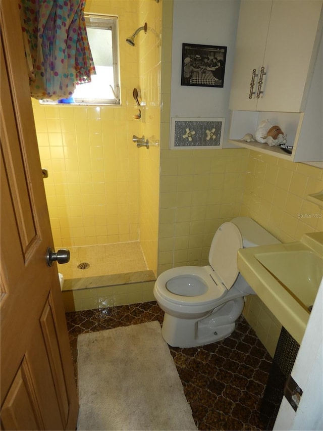 full bathroom featuring tile walls, toilet, a shower stall, and a sink