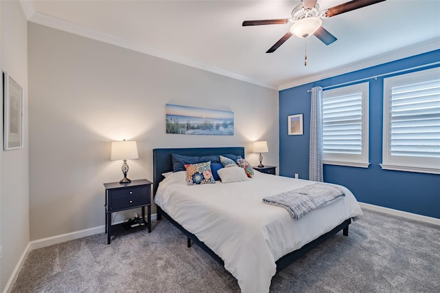 bedroom with crown molding, ceiling fan, and carpet