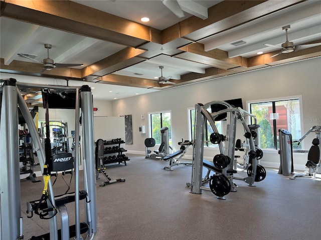 workout area with ceiling fan