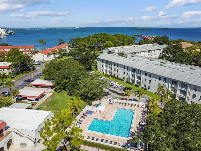 drone / aerial view featuring a water view