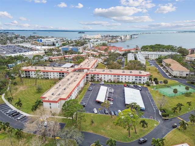 drone / aerial view featuring a water view