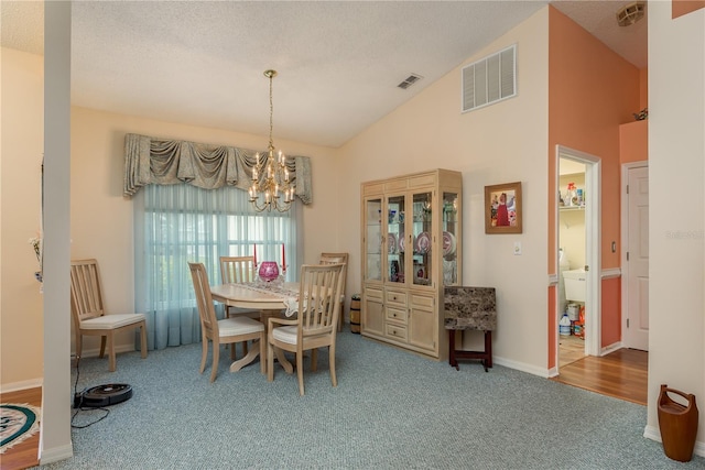 9639 Conservation Dr, New Port Richey, FL 34655 - dining space featuring carpet, a textured ceiling, a notable chandelier, and vaulted ceiling
