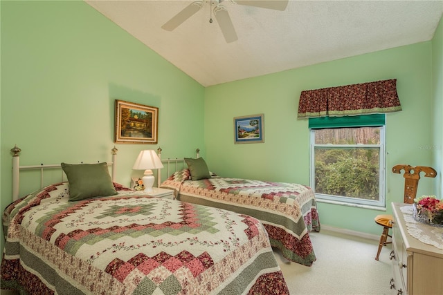 9639 Conservation Dr, New Port Richey, FL 34655 - bedroom featuring ceiling fan, carpet, and lofted ceiling