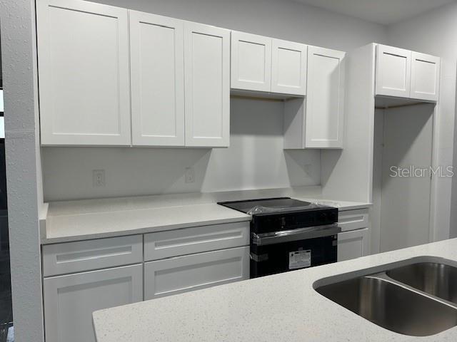 kitchen with sink, white cabinetry, and black range with electric stovetop