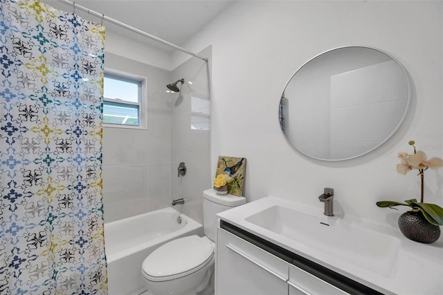 full bathroom featuring toilet, shower / bathtub combination with curtain, and vanity