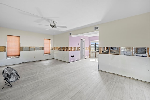 unfurnished living room featuring ceiling fan and light hardwood / wood-style floors