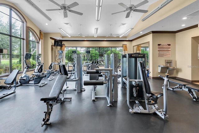 workout area with ornamental molding and ceiling fan