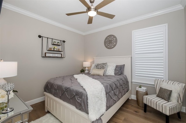 bedroom with ceiling fan, ornamental molding, and hardwood / wood-style floors