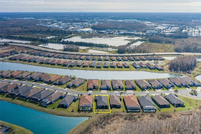 aerial view featuring a water view