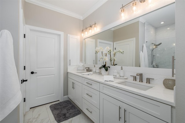 bathroom featuring a shower with door, crown molding, and vanity