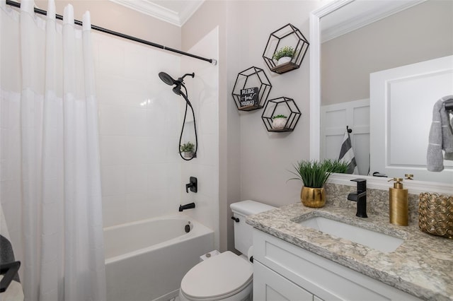 full bathroom featuring ornamental molding, toilet, shower / tub combo, and vanity