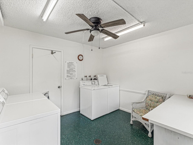 laundry area featuring ceiling fan, a textured ceiling, and washer and clothes dryer