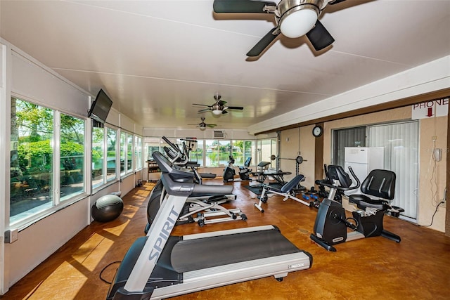 gym featuring ceiling fan