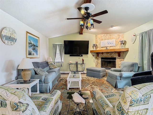 12529 Shadow Ridge Blvd, Hudson, FL 34669 - living room featuring a ceiling fan and a stone fireplace