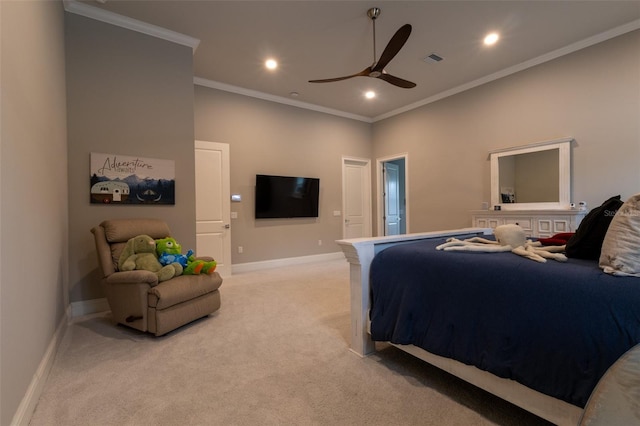 bedroom with crown molding, light carpet, a towering ceiling, and ceiling fan