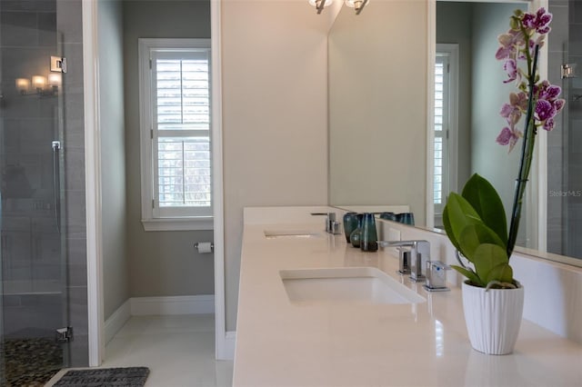 bathroom with a shower with door and vanity