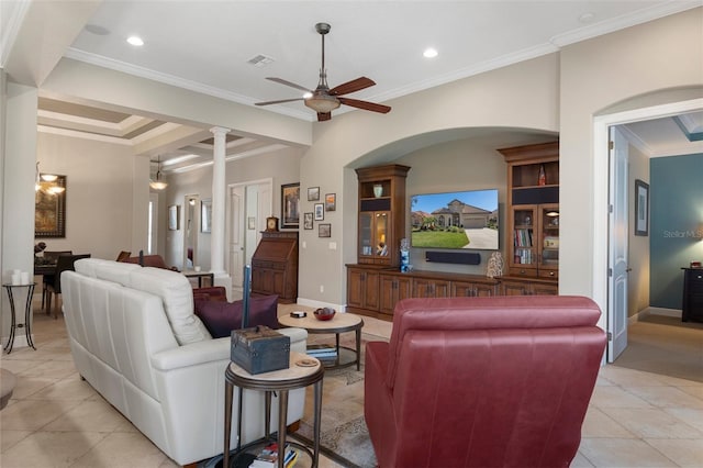 living room with ornamental molding, light tile patterned floors, and ceiling fan