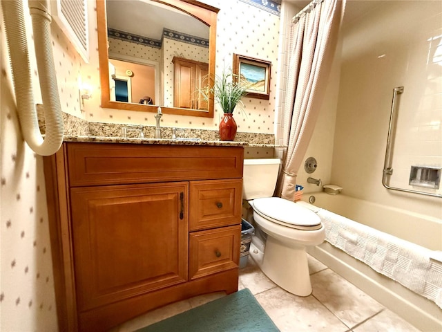8111 Merrimac Dr, Port Richey, FL 34668 - full bathroom with wallpapered walls, toilet, shower / bathtub combination with curtain, vanity, and tile patterned floors