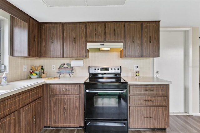 kitchen featuring electric stove, backsplash, light wood-type flooring, and dark brown cabinets