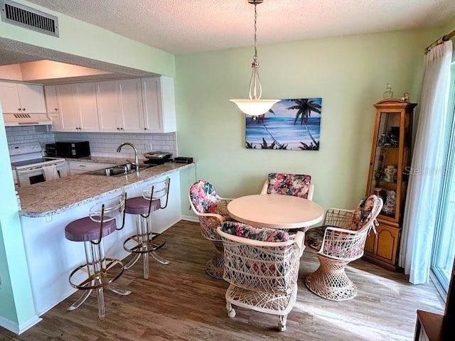 kitchen featuring white cabinets, sink, hanging light fixtures, kitchen peninsula, and electric range