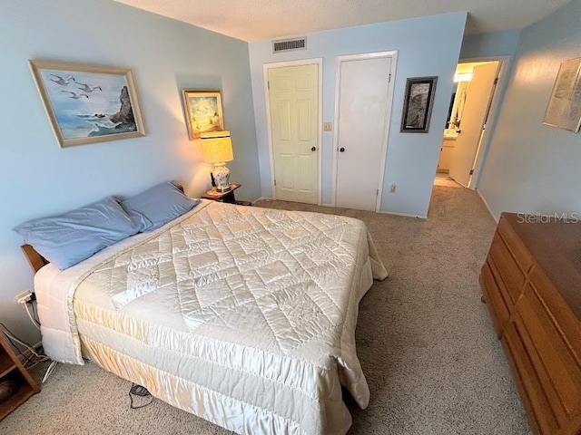 bedroom featuring light carpet and ensuite bathroom