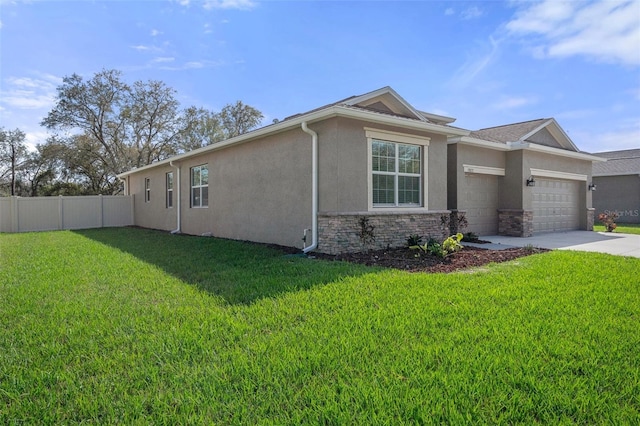 view of side of property featuring stucco siding, concrete driveway, an attached garage, fence, and stone siding