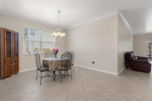 dining space featuring crown molding, a healthy amount of sunlight, a notable chandelier, and light tile patterned floors