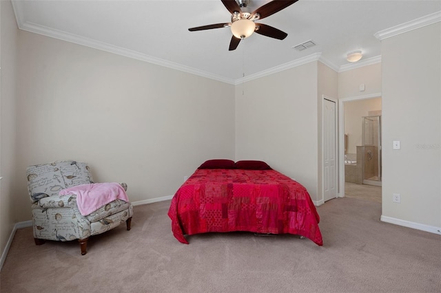 bedroom with carpet floors, a ceiling fan, baseboards, visible vents, and crown molding